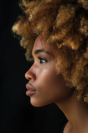 Side profile of a young woman showcasing her natural curly hairstyle against a dark backgroundの素材