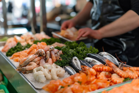 Vendor arranges a variety of fresh seafood on ice at a bustling market stallの素材