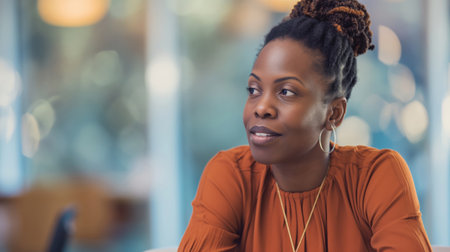 Confident African American businesswoman leading a successful corporate presentation in a modern officeの素材