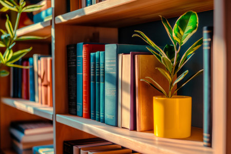 Neatly arranged books on a wooden bookshelf with a potted plant, bathed in soft, warm lightの素材