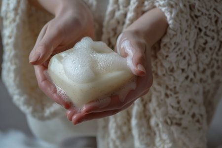Close-up of a woman's hands lathering with rich, foamy goat milk soapの素材