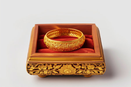 Beautiful gold bangle rests on a velvet cushion inside an ornate wooden boxの素材