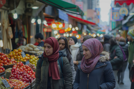 Multiethnic group of women walking through a vibrant street market, chatting and browsingの素材