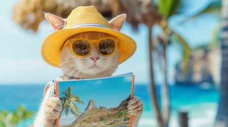 Adorable cat in sunglasses and sunhat holding a travel brochure at a tropical locationの素材