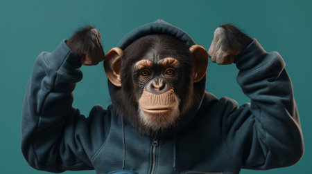 Photo of an anthropomorphic monkey in a hoodie flexing its muscles against a teal backgroundの素材