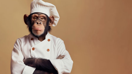 Humorous photo of an anthropomorphic monkey dressed in professional chef's attire against a beige backgroundの素材