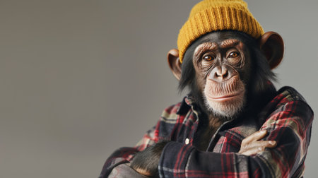 Charming chimpanzee poses in a plaid shirt and knitted hat, exuding a relaxed, anthropomorphic vibeの素材