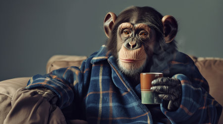 Thoughtful chimpanzee dressed in plaid loungewear enjoys a warm beverage, depicting a humorous take on human relaxation habitsの素材