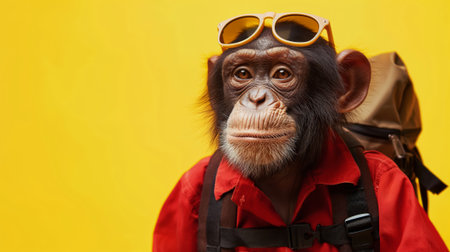 Intelligent and anthropomorphic chimpanzee dressed up in a fun and creative costume. Wearing sunglasses and carrying a backpack. Ready for adventure and travel with a vibrant yellow backgroundの素材