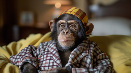 Chimpanzee dressed in cozy pajamas and a sleep cap, relaxing indoorsの素材