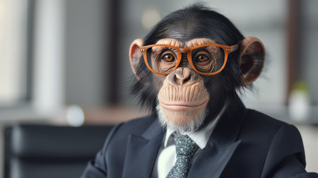 Humorous portrayal of an anthropomorphic monkey in professional business attire and eyeglassesの素材