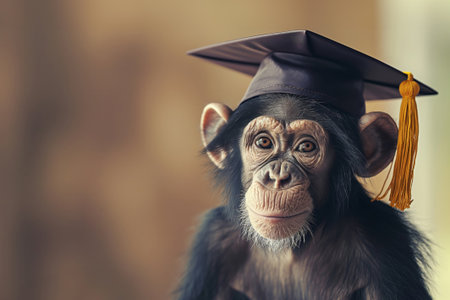 Portrait of a chimpanzee with a graduation hat, symbolizing achievement and educationの素材