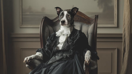 Full-length portrait of an anthropomorphic dog dressed in elegant vintage clothing, seated regallyの素材