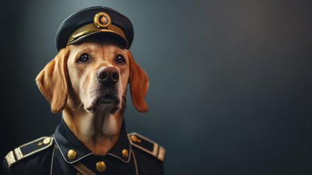 Portrait of a human-like dog dressed in a ceremonial uniform on a dark backgroundの素材