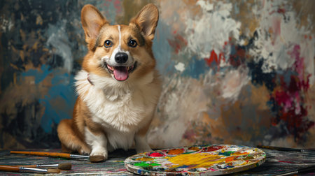 Full-length portrait of a happy dog sitting among colorful backdrops and a painter's paletteの素材