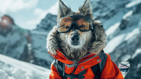 Portrait of an anthropomorphic dog dressed in ski attire posing in a snowy mountain settingの素材