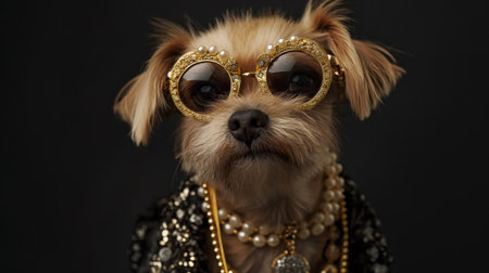 Portrait of a dog in human-like attire with ornate glasses and accessories. Stylish anthropomorphic dog in costume jewelryの素材