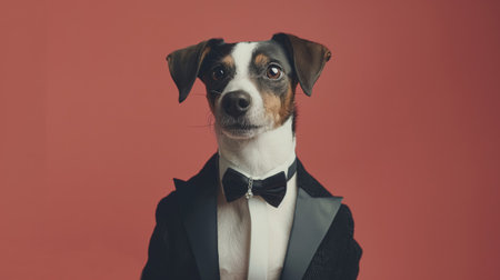Portrait of a charming anthropomorphic dog dressed in a formal tuxedo, posing elegantly. Elegant dog in tuxedo on red backgroundの素材