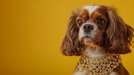 Portrait of a cavalier spaniel with an elegant adornment, against a vibrant yellow backdropの素材