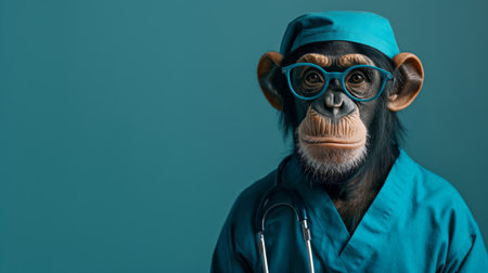 Creative image of a chimpanzee dressed as a doctor with scrubs and stethoscopeの素材