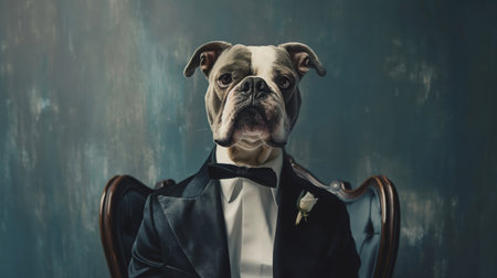 Portrait of an anthropomorphic dog dressed elegantly in a tuxedo, sitting with poiseの素材