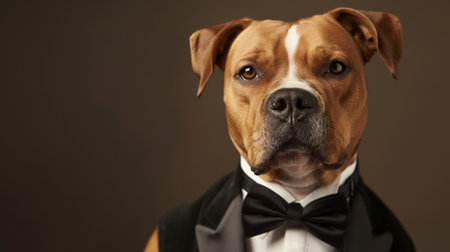 Portrait of a dog with human-like features, dressed in formal wear against a neutral backgroundの素材