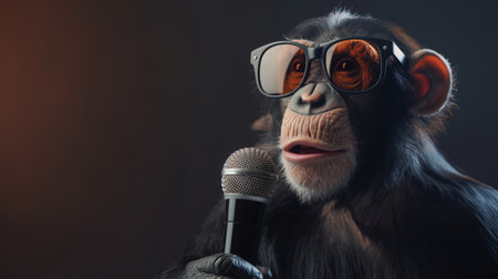 Anthropomorphic monkey wearing sunglasses. Holding microphone. And looking cool while performing on stage as a singerの素材