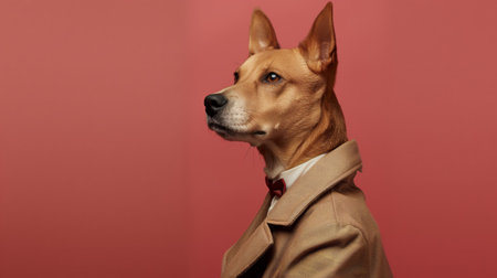 Portrait of a dog dressed in a stylish coat and tie with a human-like appearanceの素材