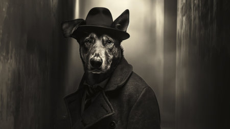 Portrait of an anthropomorphic dog dressed as a detective in a film noir ambianceの素材