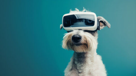 Portrait of a dog with human-like pose wearing a virtual reality headset against a teal background. Anthropomorphic dog in VR headsetの素材