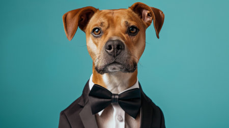 Portrait of a stylish anthropomorphic dog wearing a bowtie against a teal backgroundの素材