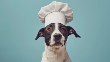 An anthropomorphic dog dressed up as a chef in a quirky and amusing turquoise uniform on a turquoise backgroundの素材