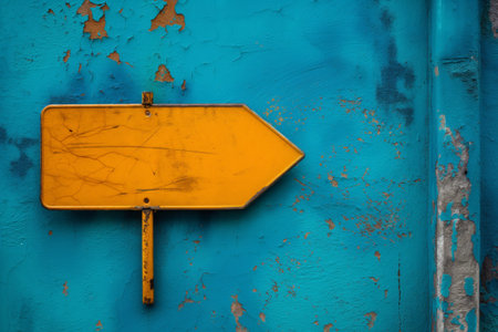 Vintage yellow arrow sign on a vibrant, weathered blue wall indicating direction with peeling paintの素材