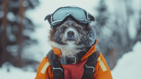 Anthropomorphic dog clad in ski gear poses in a snowy landscape, showcasing a whimsical winter conceptの素材