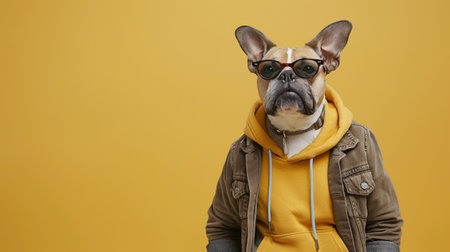 Portrait of a stylish anthropomorphic dog wearing sunglasses and a casual jacket against a yellow backgroundの素材