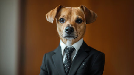 Whimsical photo of a dog dressed in a sharp business suit and tie, exuding professionalismの素材