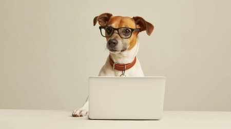Anthropomorphic jack Russell terrier dog in business attire and glasses working on a laptop in a modern office setting as a humorous and quirky canine executive pet with intelligence and creativityの素材