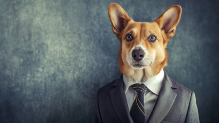 Quirky and fun anthropomorphic dog in business attire with tie and serious expression. Posing for a conceptual and whimsical canine portrait in a modern office settingの素材