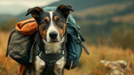 Dog with a backpack gazes intently, set against a scenic natural backdropの素材
