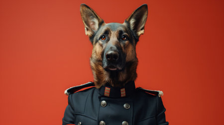Portrait of an anthropomorphic German shepherd dog in a formal uniform against a vibrant red backdropの素材