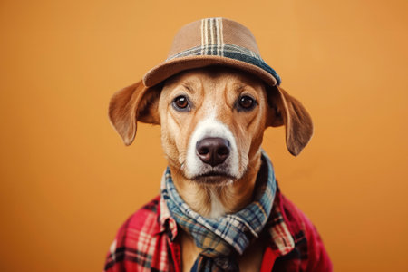 Portrait of an anthropomorphic dog dressed in a plaid shirt and hatの素材