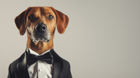 An anthropomorphic dog in a stylish. Elegant. And unique tuxedo costume. Wearing a quirky and humorous full-length formal wear with a bow tieの素材