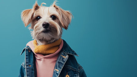 Portrait of a dog with human-like features dressed in trendy attire against a blue backgroundの素材