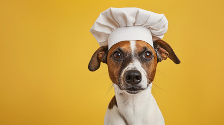 Portrait of an anthropomorphic dog dressed as a chef against a yellow backgroundの素材