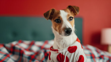 Adorable jack Russell terrier dog wearing cozy plaid pajamas, looking cute and fashionable, anthropomorphic and comfortable, bringing warmth and care to the interior of the home bed and bedroomの素材