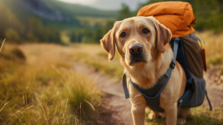 Charming dog equipped with a backpack on a scenic nature trail. Hiking adventure with canine companionの素材