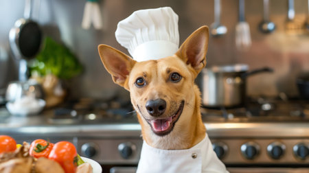 Smiling anthropomorphic dog wearing chef's hat and jacket in a professional kitchenの素材