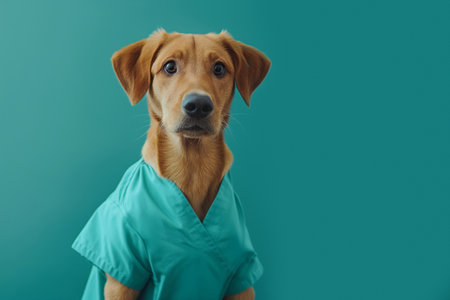 Anthropomorphic dog dressed in medical scrubs with stethoscope, symbolizing careの素材
