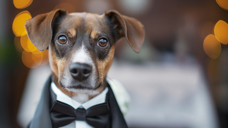 Close-up of a jack Russell in formal wear, with a blurry background of warm lightsの素材