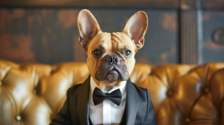 Anthropomorphic French bulldog in stylish tuxedo and bow tie sitting on leather couch, perfect for pet fashion lover, professional photography with quirky and unique conceptの素材